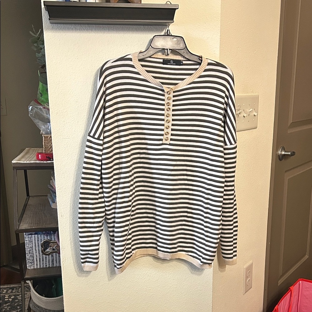 Striped Long Sleeve Henley Tee - Black & Cream